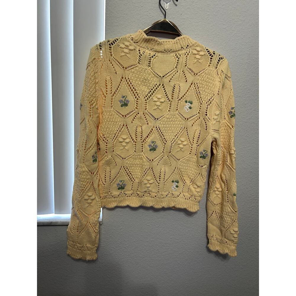 Zara Knit Cardigan Cotton Floral Embroidered Sz Large Butter Yellow Twee - Picture 3 of 9
